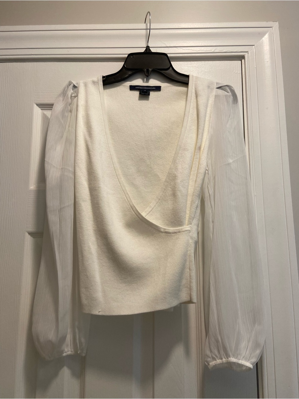 French Connection White V-Neck Knit Top with Sheer Puff Sleeves